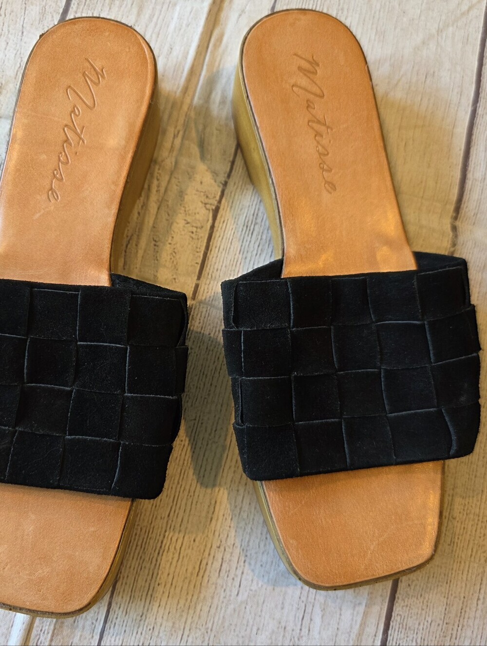 Matisse Hamptons Sandals Size 9M Black Leather Suede Platform Woven Brazil Made